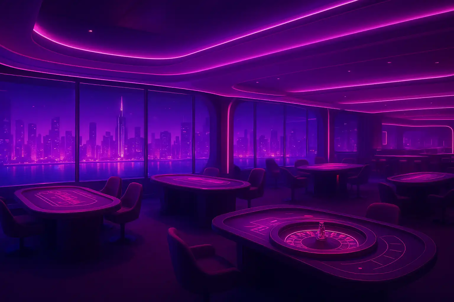 Futuristic neon casino lounge interior with a glowing city skyline visible through the windows
