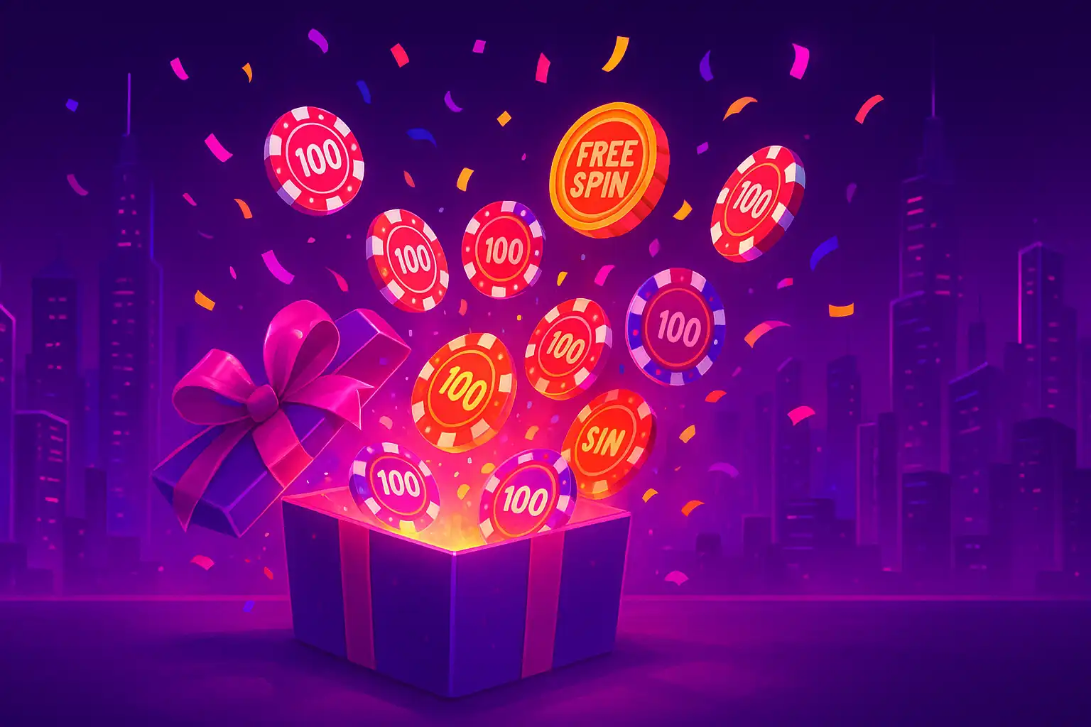 Glowing gift box overflowing with casino chips and free spin tokens against a neon cityscape