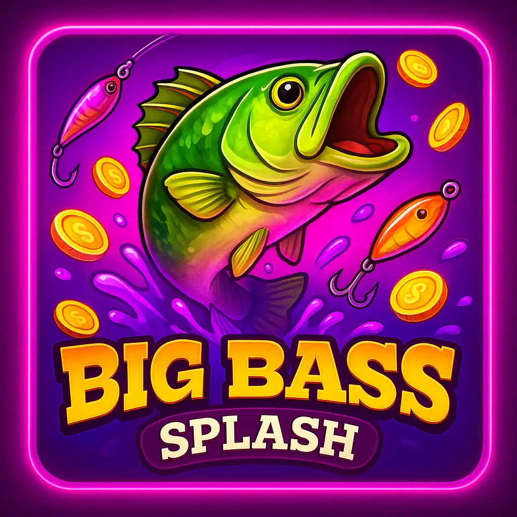 Illustration du jeu de machine à sous Big Bass Splash baignée de lumières néon violettes et roses du casino