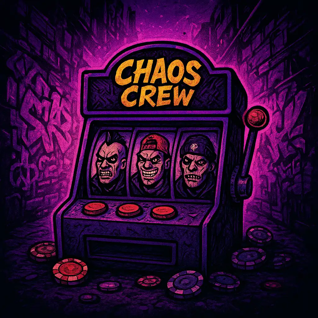 Illustration du jeu de machine à sous Chaos Crew 2 baignée de lumières néon violettes et roses du casino