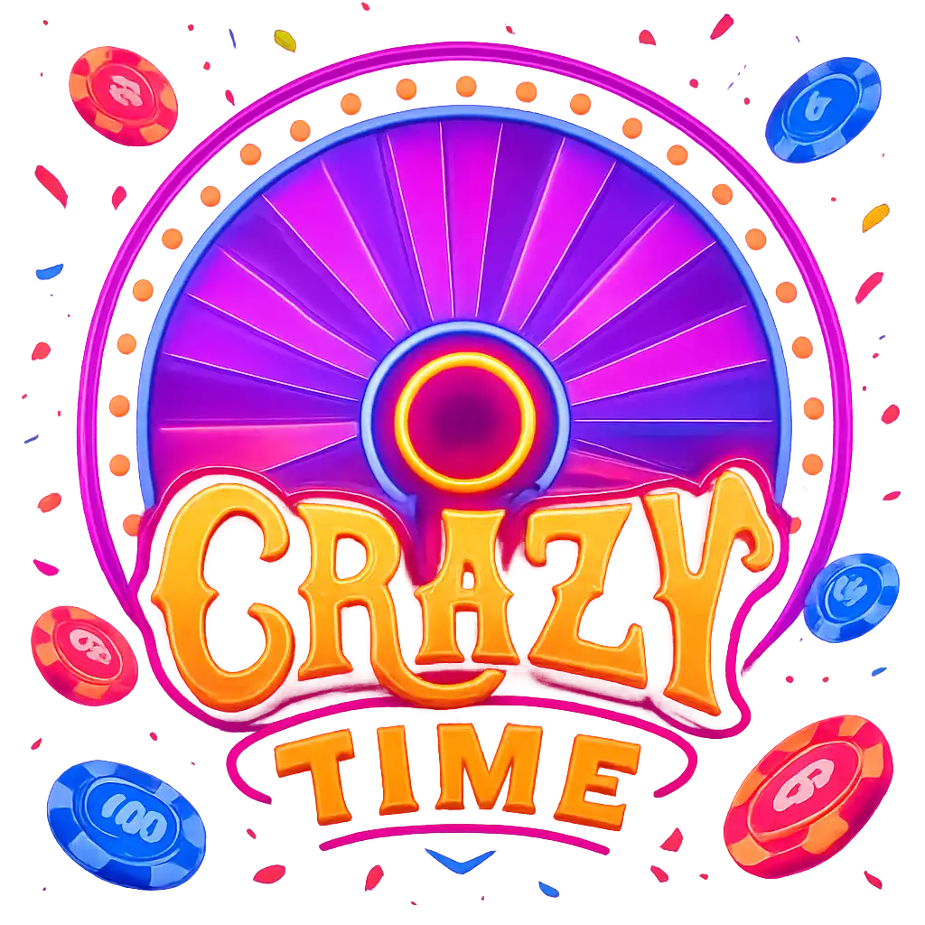 Illustration du jeu de machine à sous Crazy Time baignée de lumières néon violettes et roses du casino