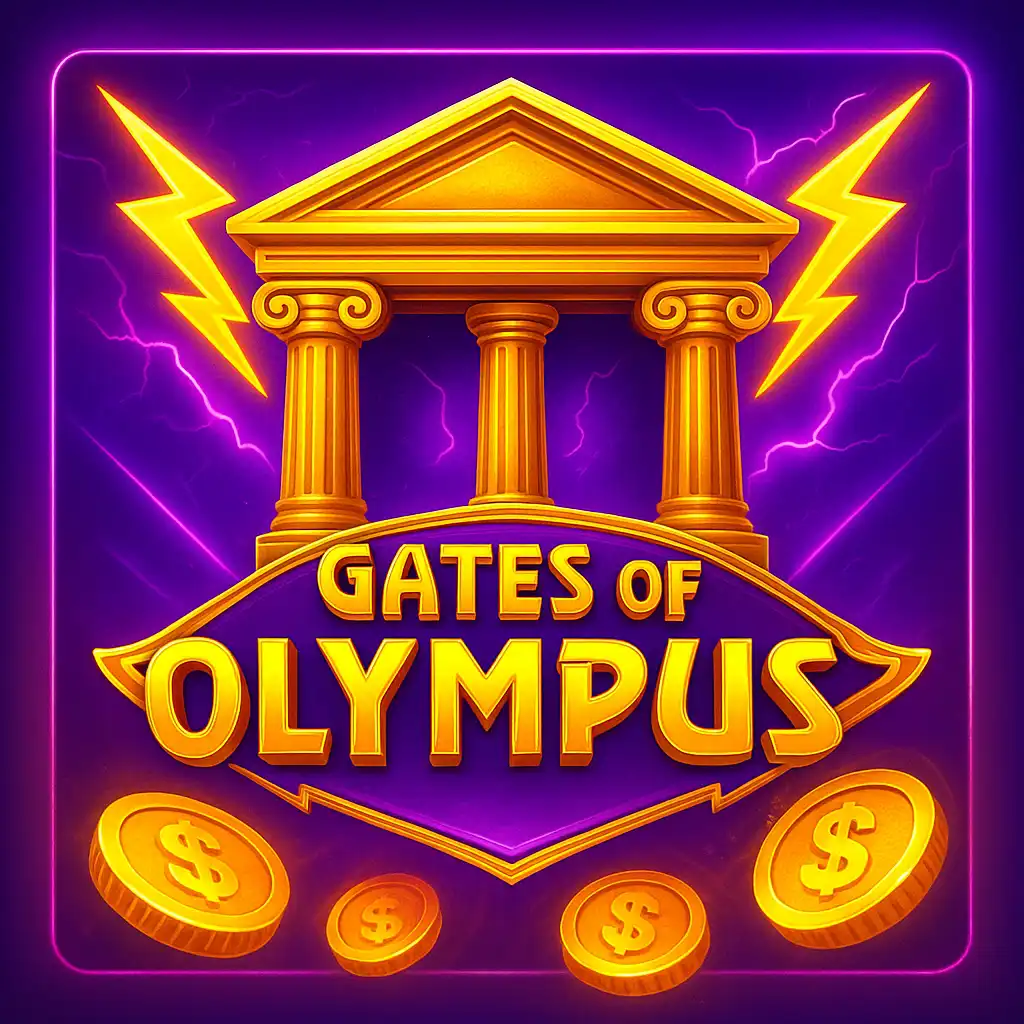 Illustration du jeu de machine à sous Gates of Olympus 1000 baignée de lumières néon violettes et roses du casino