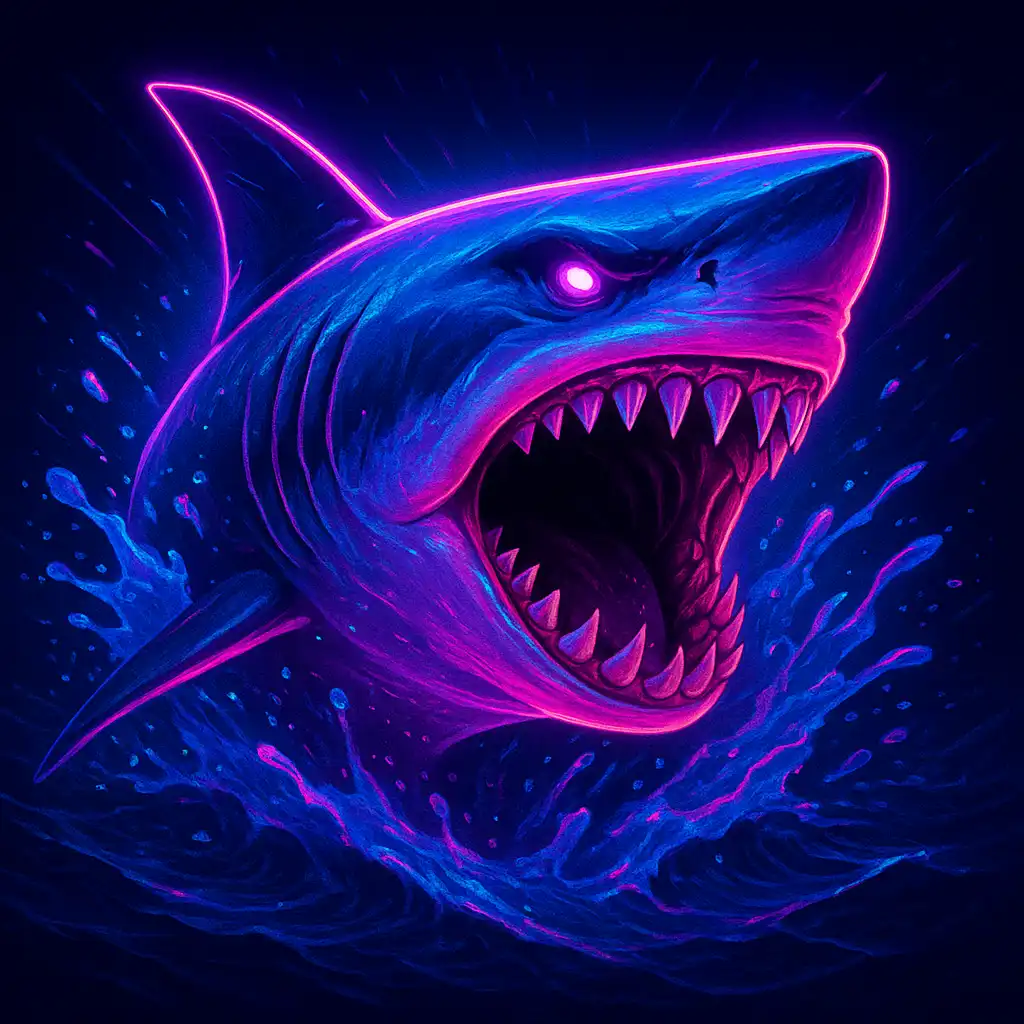 Illustration du jeu de machine à sous Razor Shark baignée de lumières néon violettes et roses du casino