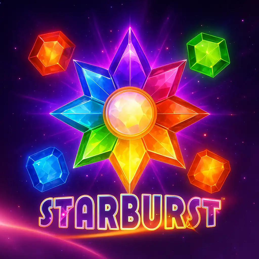 Illustration du jeu de machine à sous Starburst baignée de lumières néon violettes et roses du casino