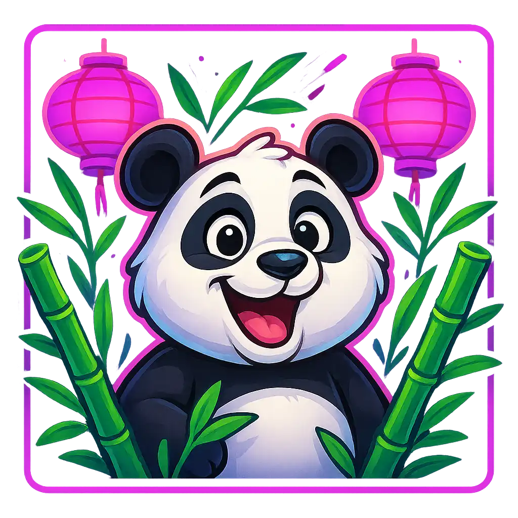 Illustration du jeu de machine à sous Wacky Panda baignée de lumières néon violettes et roses du casino