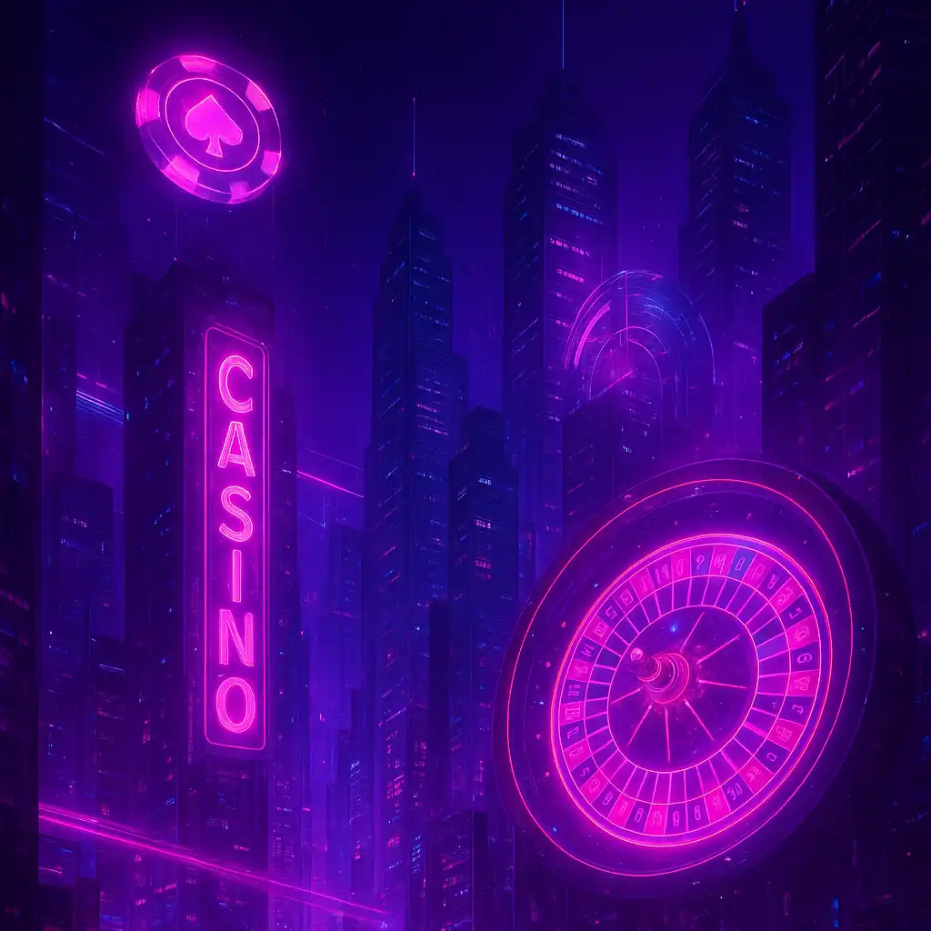 Paysage urbain futuriste aux néons violets et roses représentant le casino ArcticWin de nuit