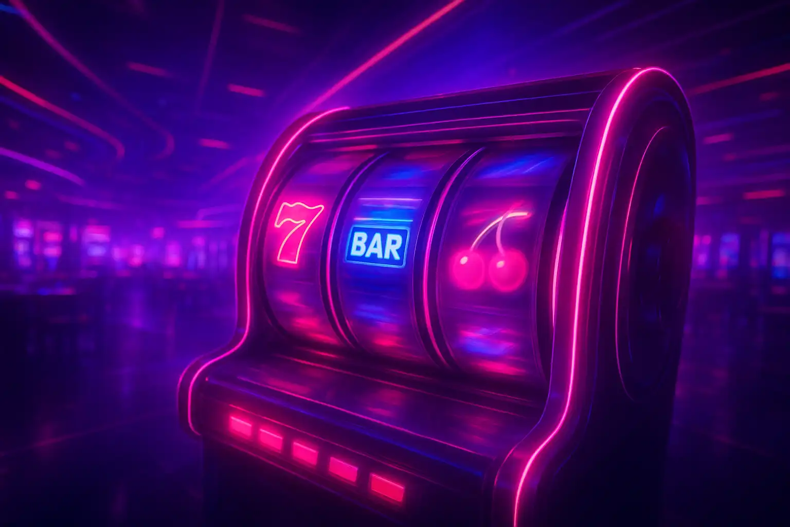 Neon slot machine reels spinning with purple and pink lights inside a futuristic casino hall